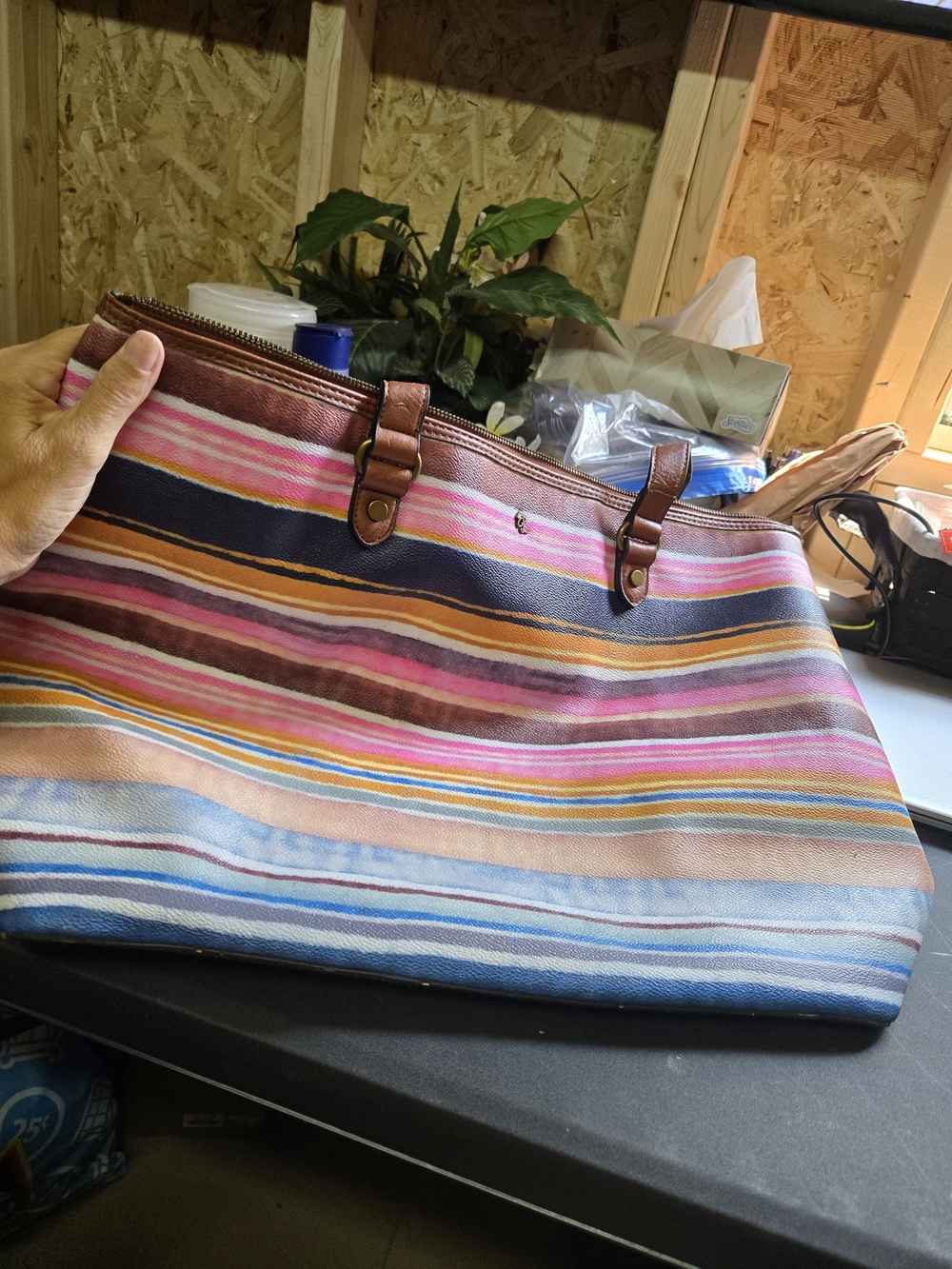 Elliott Lucca Multicolor Striped Laptop Tote with Brown Trim